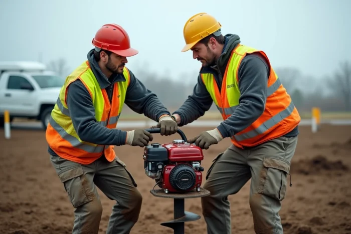 Deux ouvriers manœuvrant ensemble une grande tarière thermique sur un chantier de paysagisme professionnel avec plusieurs trous déjà forés