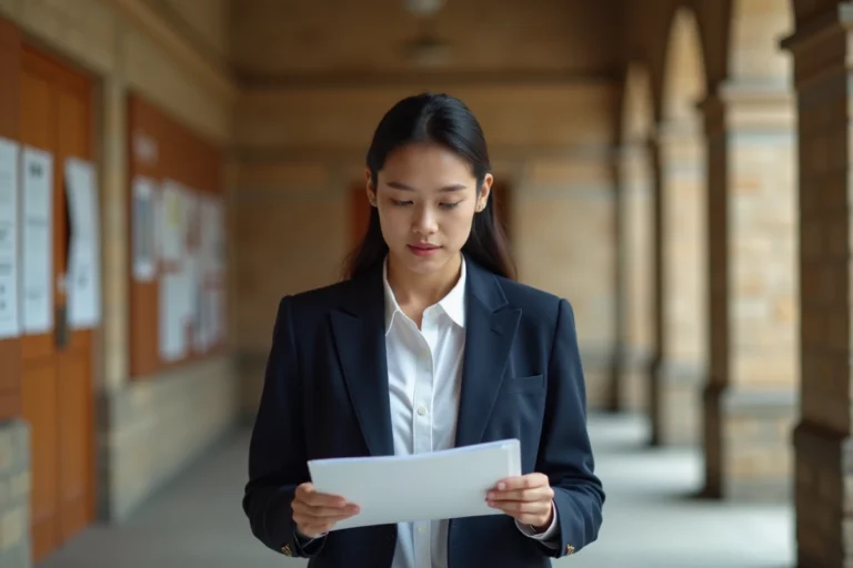 Jeune diplômée de niveau bac+6 tenant son diplôme dans un couloir universitaire