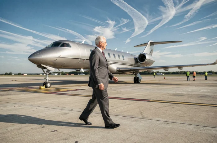 Dirigeant de l'industrie aéronautique marchant sur le tarmac devant un avion d'affaires
