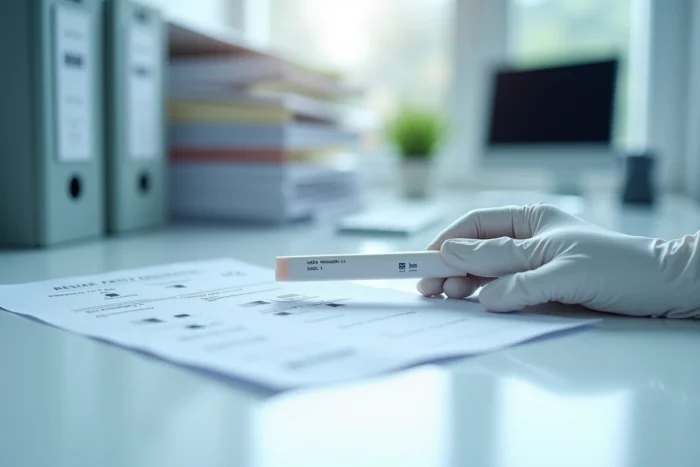 Dispositif de test salivaire pour la détection de cocaïne posé sur une surface clinique avec feuille de résultats
