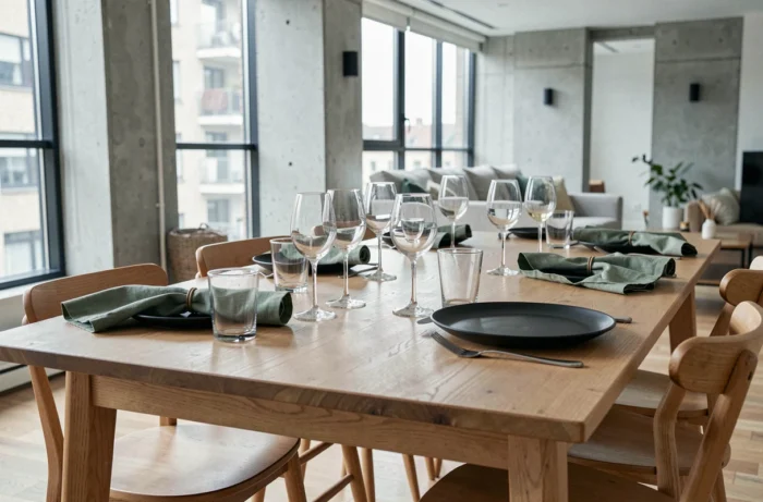 Table à manger moderne dressée pour six personnes avec verres assortis en diagonale, assiettes noires et serviettes en lin vert sauge dans un appartement scandinave