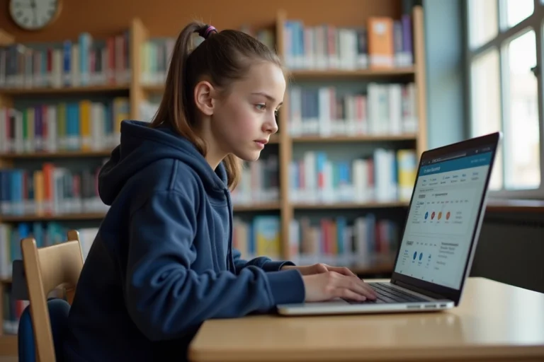 Élève de lycée connectée à l'ENT sur un ordinateur portable dans une bibliothèque scolaire