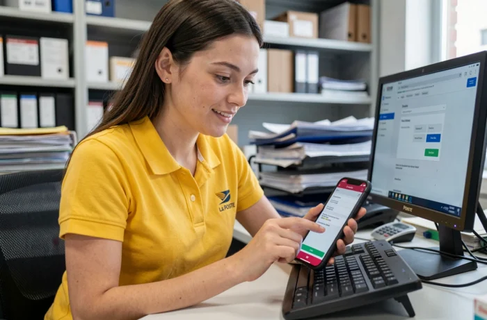 Employée La Poste naviguant sur l'espace habillement depuis son téléphone au bureau