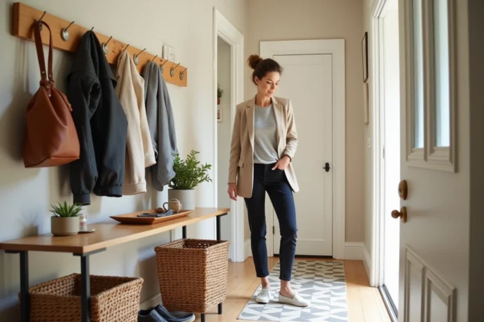 Entrée de maison fonctionnelle organisée avec un porte-manteau, une console et des paniers à chaussures
