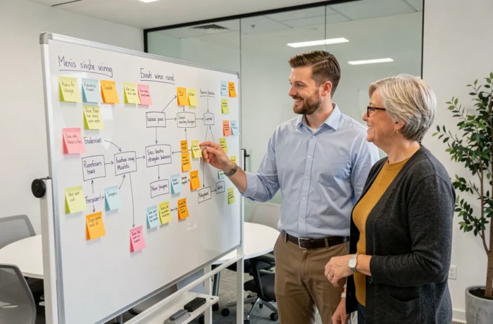 Équipe de professionnels discutant de la hiérarchie de navigation d'un site web sur un tableau blanc dans une salle de réunion moderne