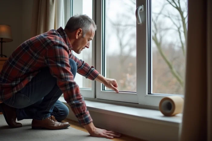 Personne vérifiant l'étanchéité d'un cadre de fenêtre avec un joint isolant avant l'hiver