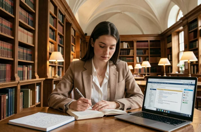 Étudiante en droit étudiant la jurisprudence française dans une bibliothèque universitaire, avec des ouvrages juridiques et des notes sur l'arrêt Besse de 1991