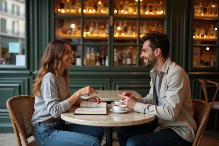 Deux jeunes adultes révisant ensemble les accords des possessifs français dans un café parisien