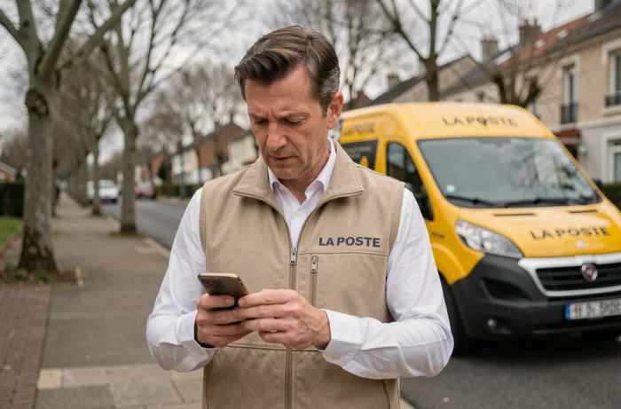 Facteur La Poste accédant à son espace habillement sur smartphone en extérieur
