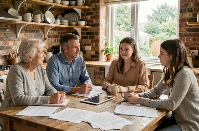 Famille multigénérationnelle assise autour d'une table de cuisine en bois, engagée dans une discussion calme et bienveillante pour résoudre des défis familiaux du quotidien