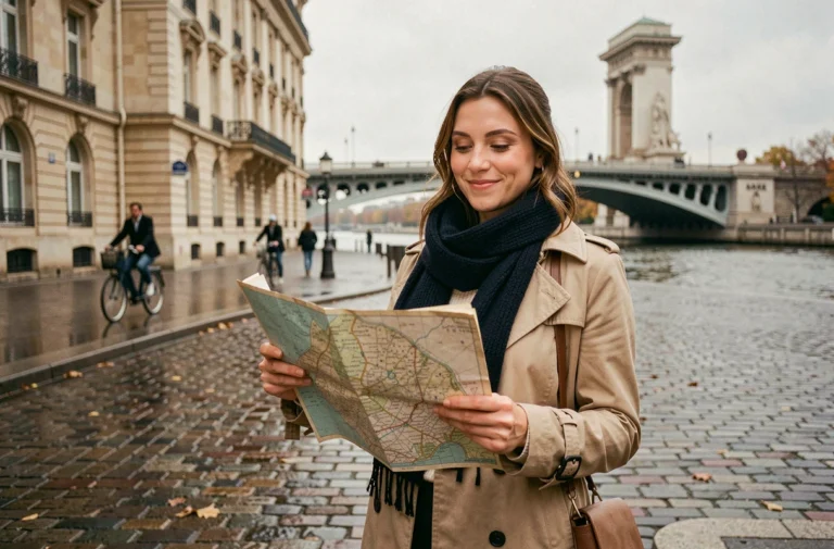 Femme tenant une carte de Paris près de la Seine avec le Pont de l'Alma en arrière-plan, explorant les bons plans parisiens