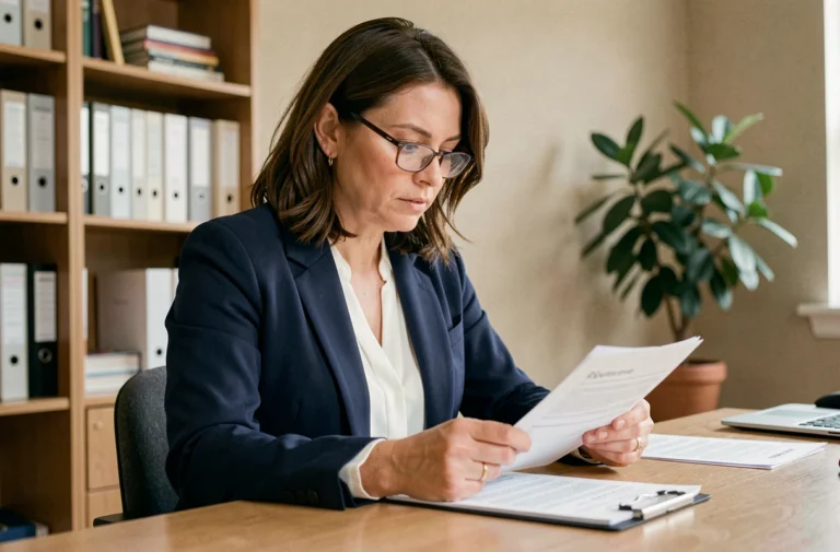 Femme consultant des documents de mutuelle santé à son bureau à domicile