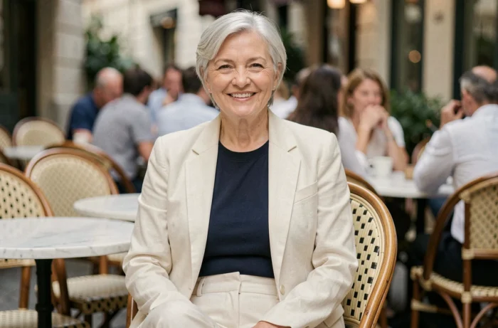 Femme de 55 ans aux cheveux argentés portant un crop top marine sous un blazer crème en terrasse de café, style mode mature et assumé