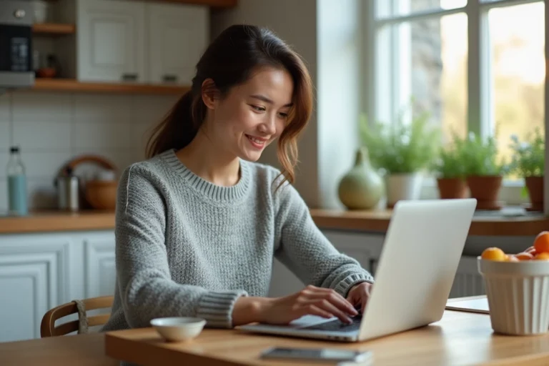 Femme utilisant un service de livraison à domicile en ligne sur son ordinateur portable dans une cuisine moderne