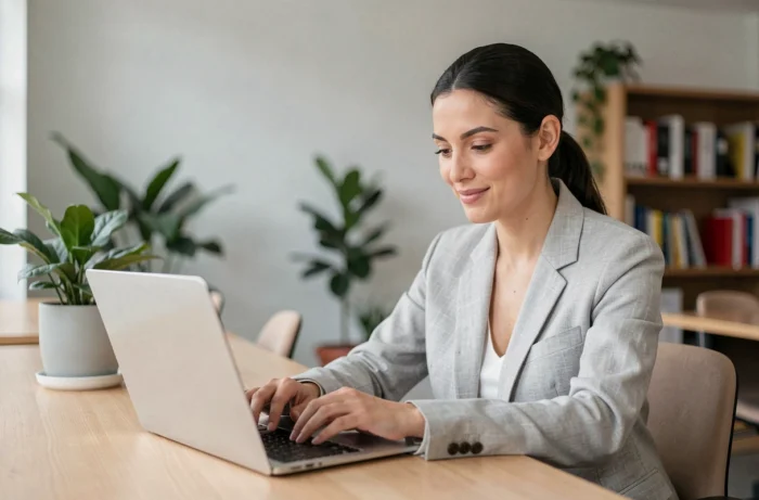 Femme consultant la liste des pages d'un site internet sur un ordinateur portable au bureau