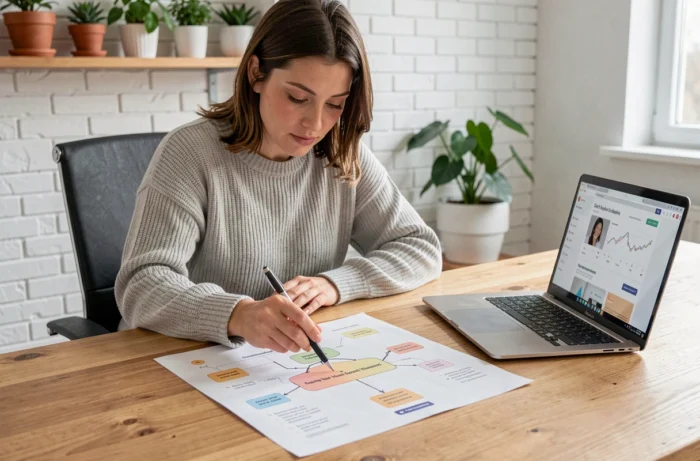 Femme consultant un plan de site imprimé sur un bureau en bois dans un espace de travail moderne