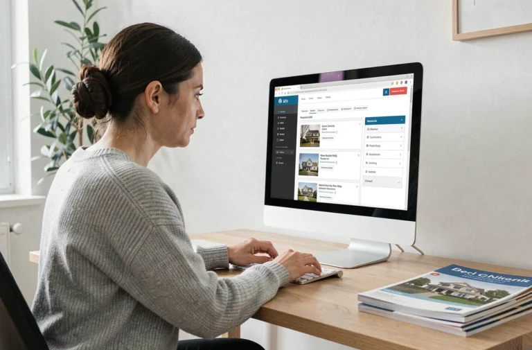 Femme consultant un plan du site immobilier sur un ordinateur de bureau pour trouver des annonces rapidement