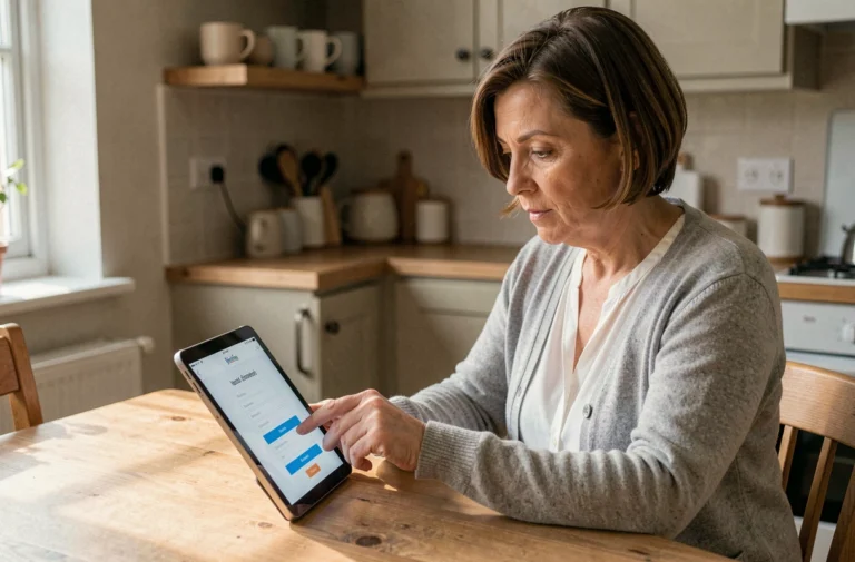 Femme d'âge moyen créant un compte Quintonic sur une tablette dans sa cuisine, guide débutant