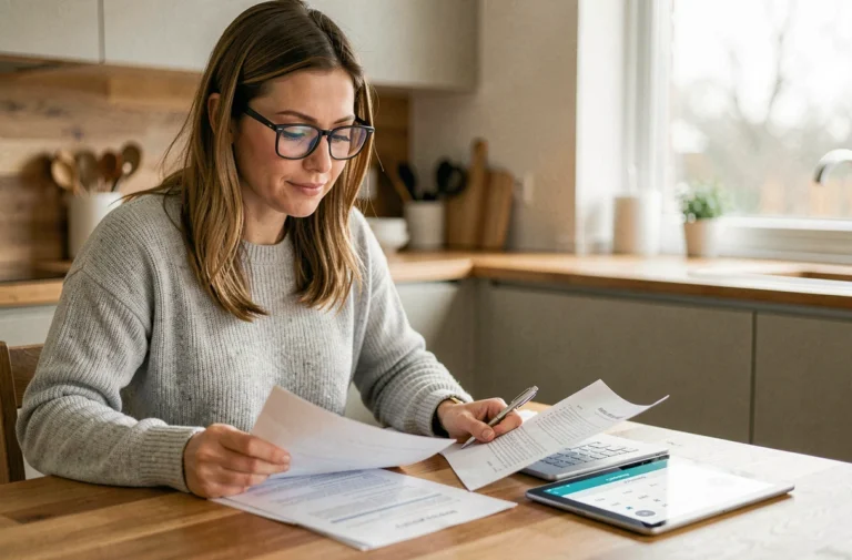 Femme consultant un simulateur de crédit à la consommation sur tablette avec des documents financiers sur une table de cuisine moderne