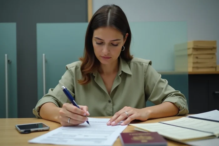 Femme mariée complétant un formulaire administratif avec passeport et acte de mariage pour harmoniser son nom officiel