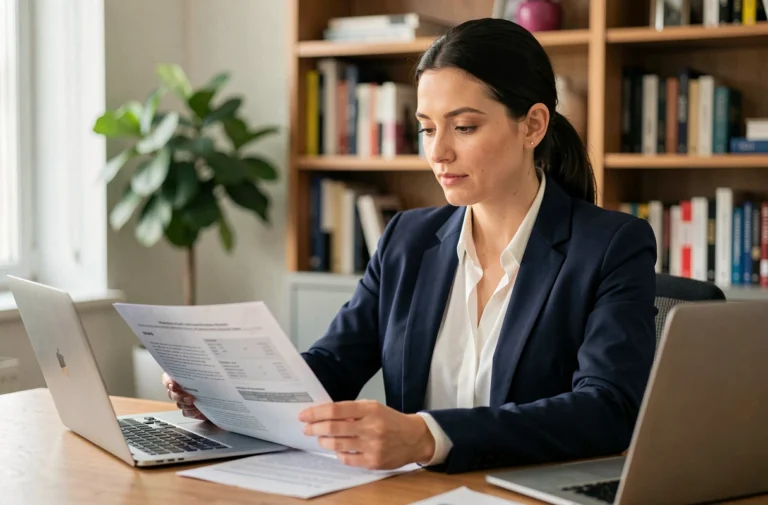 Femme consultant des documents de crédit immobilier à son bureau à domicile
