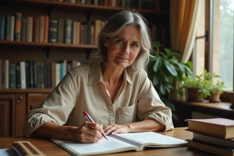 Femme écrivant dans un cahier de grammaire française avec un stylo plume à son bureau en bois