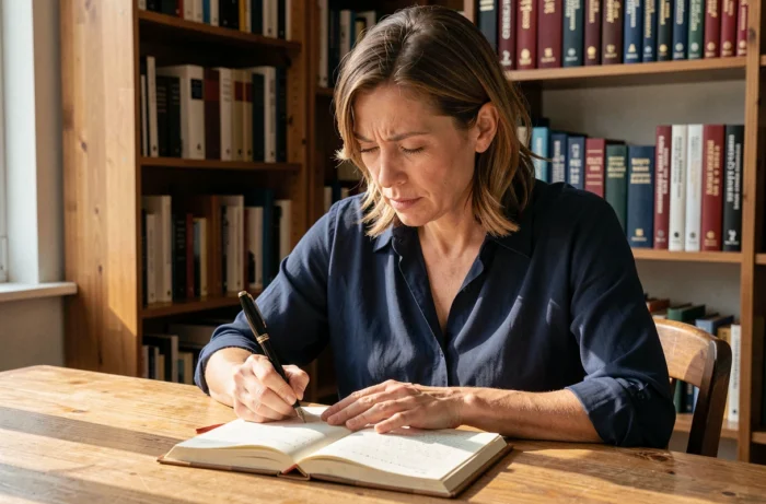 Femme concentrée écrivant dans un cahier avec un stylo plume, entourée de dictionnaires français, illustrant la réflexion sur l'orthographe de 'd'ores et déjà'