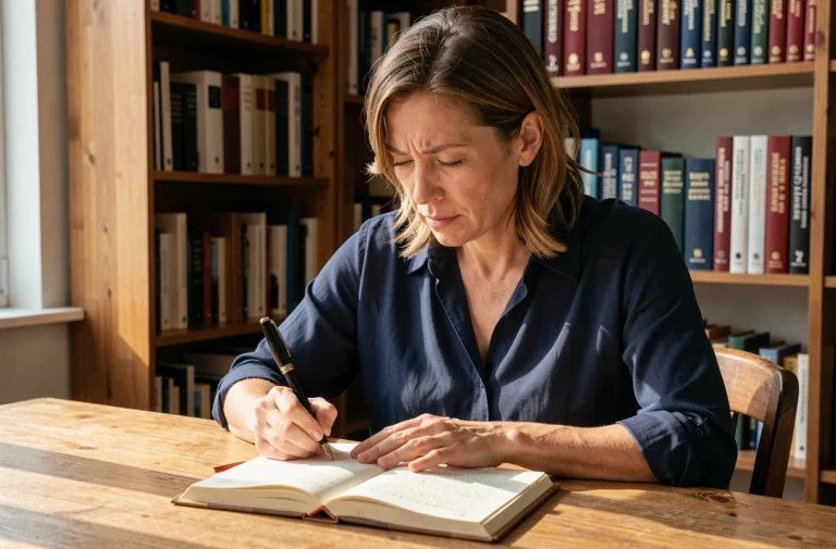 Femme concentrée écrivant dans un cahier avec un stylo plume, entourée de dictionnaires français, illustrant la réflexion sur l'orthographe de 'd'ores et déjà'