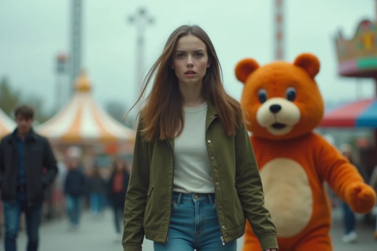 Jeune femme effrayée face à un personnage mascotte géant dans un parc d'attractions, illustrant la peur des mascottes