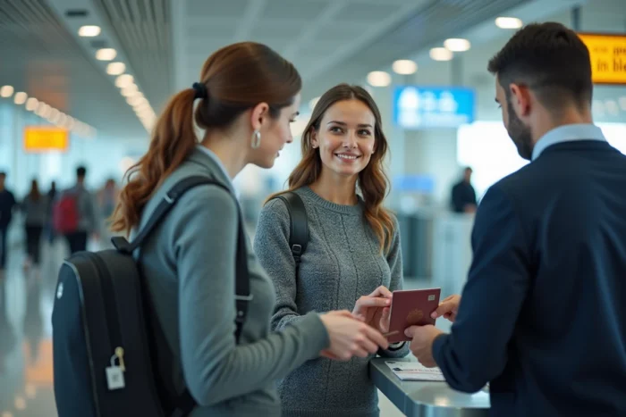 Femme présentant son passeport à l'enregistrement d'un aéroport avec un nom potentiellement différent de son billet
