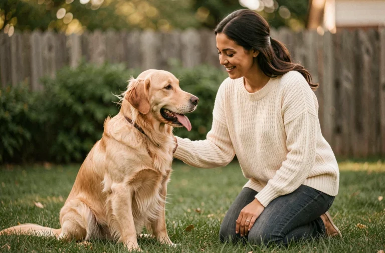 Femme agenouillée dans un jardin qui caresse affectueusement son golden retriever assis sur l'herbe