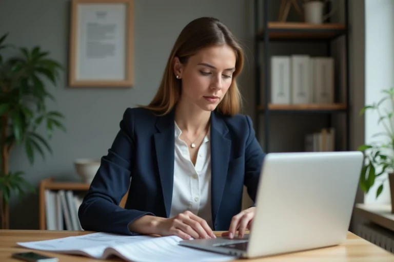 Femme consultant des documents de financement de formation professionnelle sur son bureau à domicile