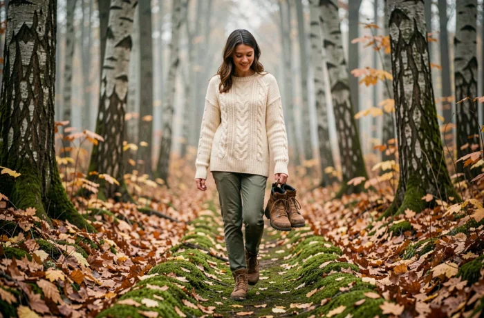 Jeune femme se promenant pieds nus dans une forêt automnale pour reconnecter avec la nature au quotidien