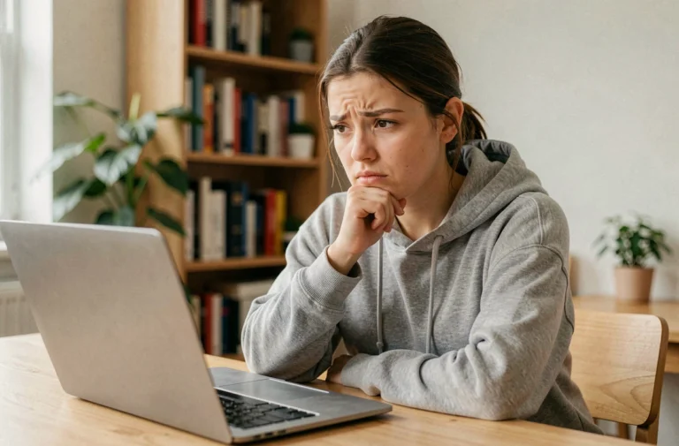Jeune femme frustrée devant son ordinateur portable essayant de voir un profil Facebook bloqué