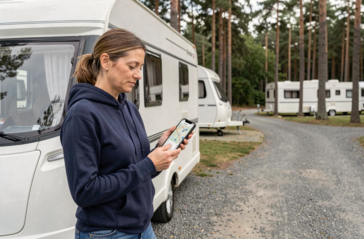 Femme consultant l'application ViaMichelin sur smartphone devant sa caravane dans un camping en pleine nature