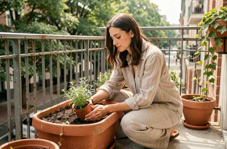 Femme intégrant la nature dans son quotidien en cultivant des herbes aromatiques sur un balcon urbain