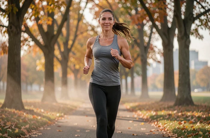 Femme en tenue de sport faisant du jogging dans un parc urbain en automne, illustrant les bienfaits du sport au quotidien