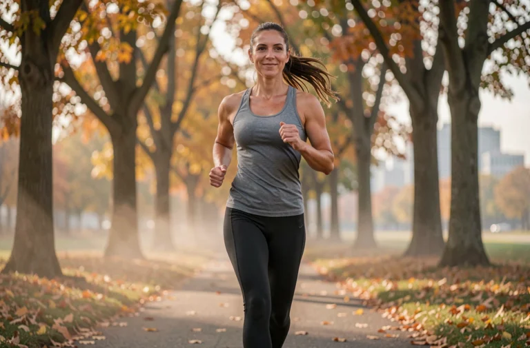 Femme en tenue de sport faisant du jogging dans un parc urbain en automne, illustrant les bienfaits du sport au quotidien