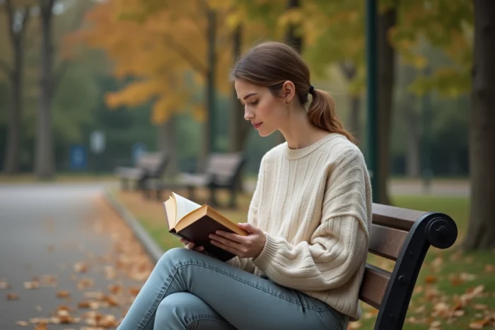 Jeune femme lisant un livre sur un banc de parc en automne, idée de loisir simple et ressourçant
