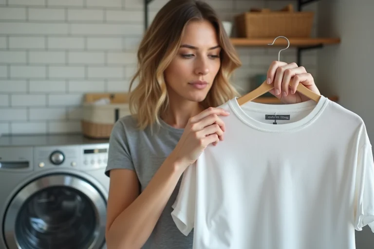 Femme lisant les symboles d'entretien sur l'étiquette d'un vêtement dans une buanderie moderne