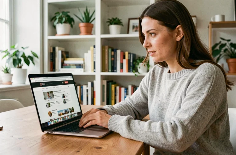 Femme parcourant la liste des pages d'un site web sur son ordinateur portable dans un bureau scandinave