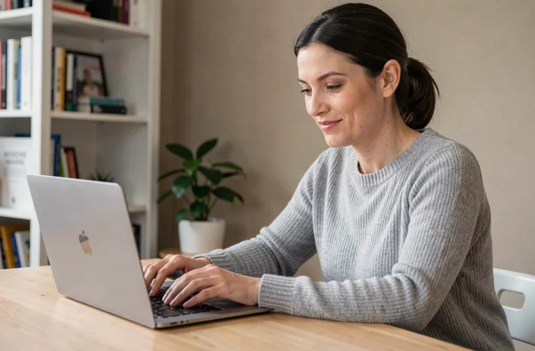 Femme naviguant sur le plan du site Accro Santé depuis son bureau à domicile