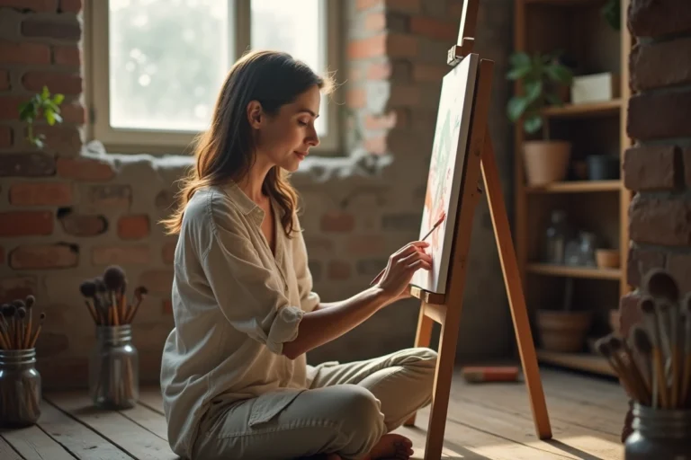 Femme adulte peignant sur toile dans un atelier maison chaleureux, idée de loisir créatif à la maison