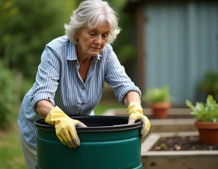 Femme regardant à l'intérieur d'un récupérateur d'eau vide dans un potager