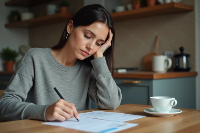 Femme examinant un relevé bancaire papier à la recherche d'un prélèvement inconnu