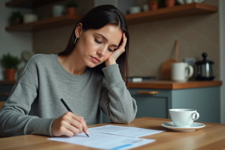 Femme examinant un relevé bancaire papier à la recherche d'un prélèvement inconnu