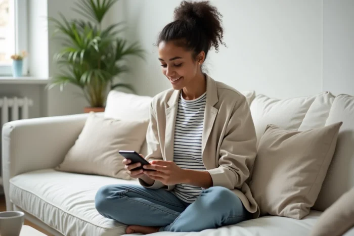 Jeune femme consultant une application de mode sur son smartphone pour faire du shopping en ligne tendance