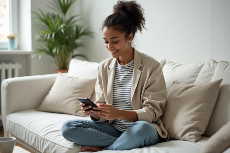 Jeune femme consultant une application de mode sur son smartphone pour faire du shopping en ligne tendance