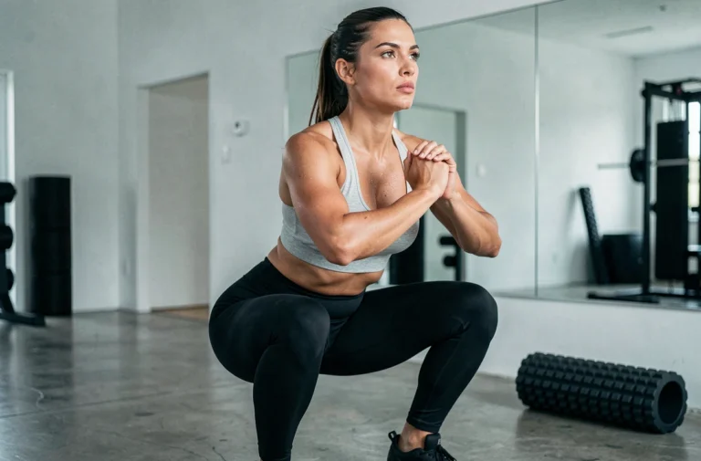 Femme en tenue de sport effectuant un squat profond dans une salle de gym moderne à domicile