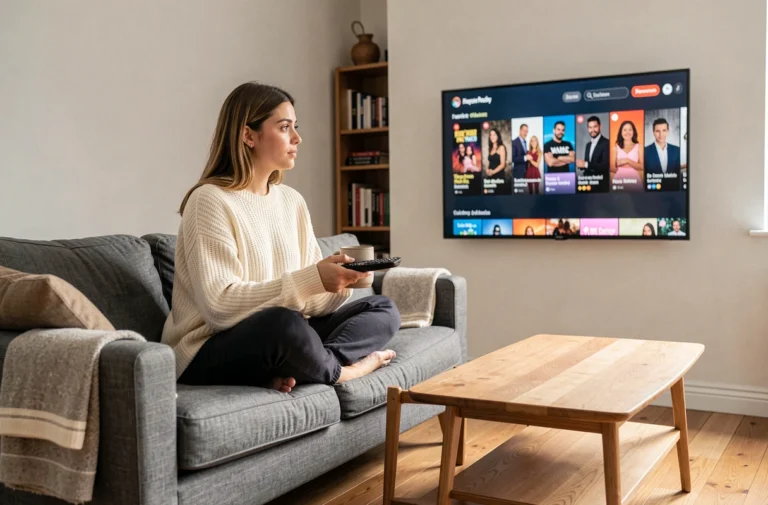 Jeune femme regardant une plateforme de streaming française sur son téléviseur depuis son canapé confortable